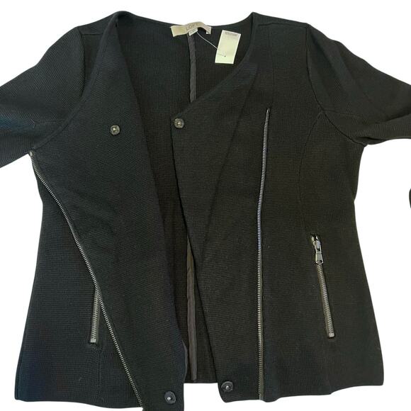 LOFT Black Wool Blend Moto Sweater Jacket Asymmetrical Zip Cardigan Workwear - Picture 9 of 11